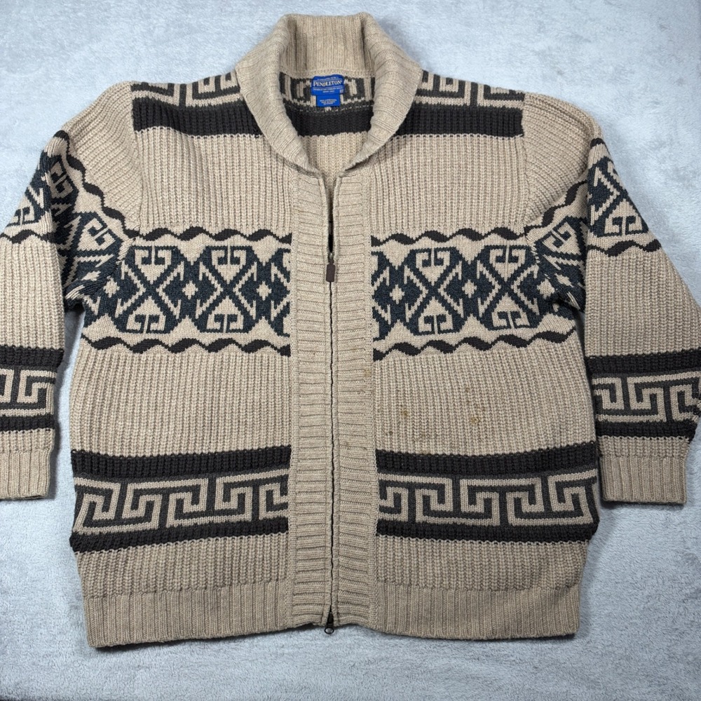 Pendleton Zip Cardigan Mens XXL Tan Southwestern Lambswool Shawl Collar Sweater